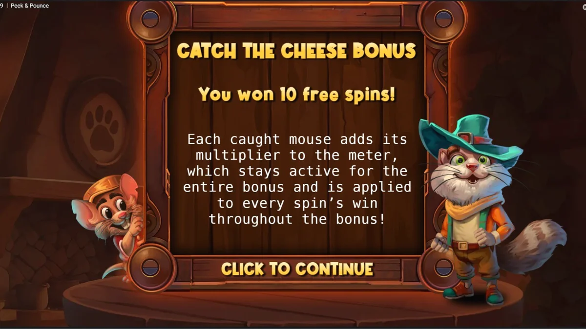 Visual slot Peek & Pounce dengan tema dapur kartun dan karakter kucing serta tikus.